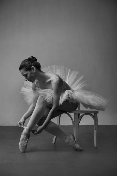 Bailarina de ballet en una silla y atando sus zapatillas de ballet, negro wh —  Fotos de Stock