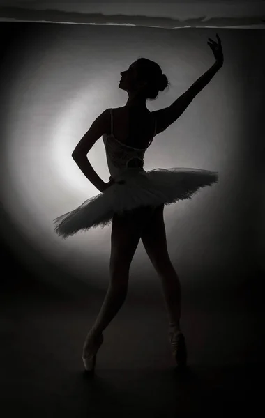 Балерина танцует с пачкой в силуэт студии на заднем плане — стоковое фото