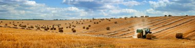 Büyük bir tarla panoraması saman balyaları ile, bir traktör hasır hasat