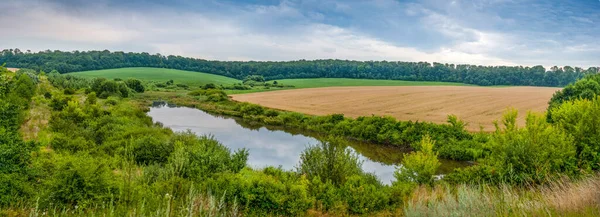 Panoramautsikt Över Jordbruksmark Och Sjön Uppifrån — Stockfoto