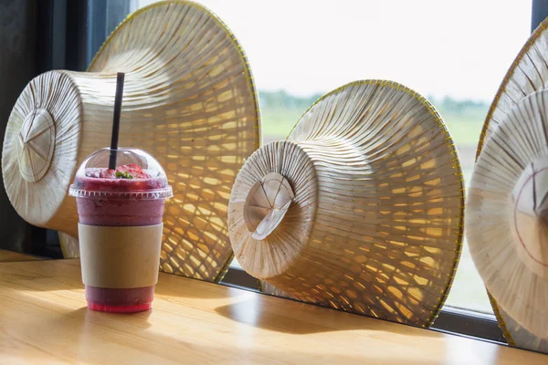Blueberry Smoothie Cup Wood Table Hat Thai Style — Stok Foto