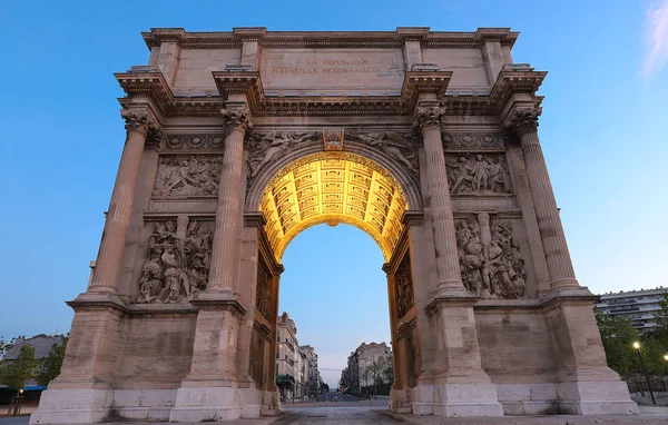Porte Royale Arco Triunfal Marselha França Construído 1784 1839 Inscrição — Fotografia de Stock
