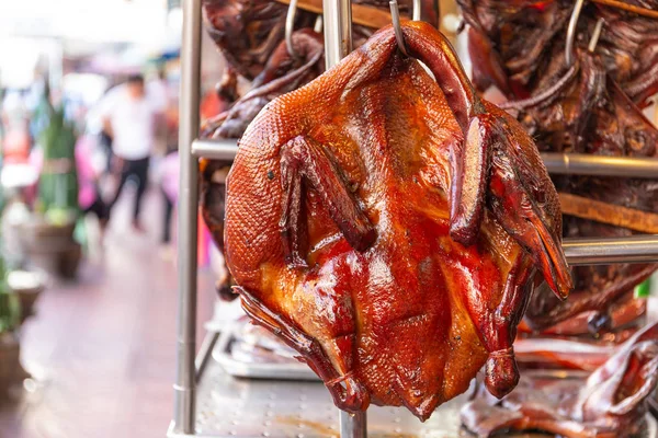 Hängande Rostad Anka Rökt Anka Snabbmat Bangkoks Chinatown — Stockfoto