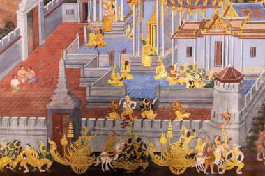 Bangkok, Tayland - 28 Ekim 2018: Turist gel Bangkok Tayland grand palace hikayede Ramayana geleneksel Tay resim (sanat duvar) görmek için
