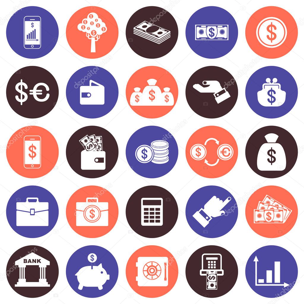Financial Vector flat icons set. Banks and finances, deposits and credits. Objects isolated on white background.