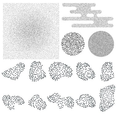 Bir memphis retro tarzı tasarım tarzında noktalı dolu rasgele şekiller kümesi