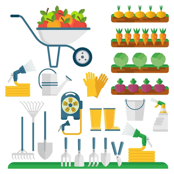 Gartengeräte, Erntemaschinen und Bauerncharakter. — Stockvektor