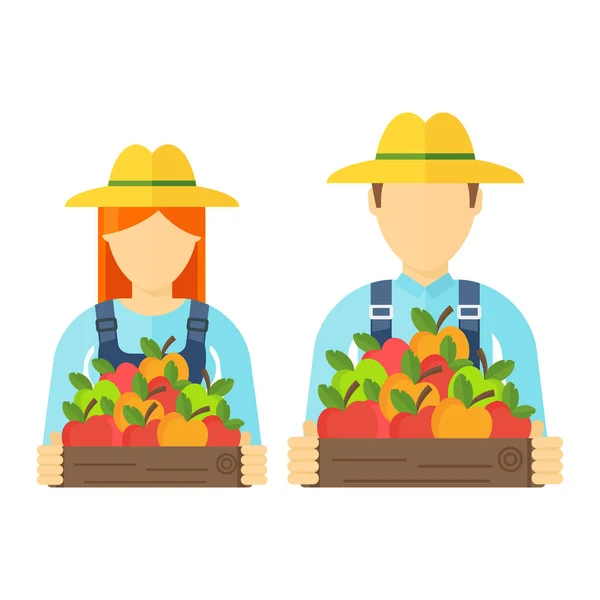 Logo, erkek ve kadın elma ile elma. Çiftçiler karakterler. — Stok Vektör