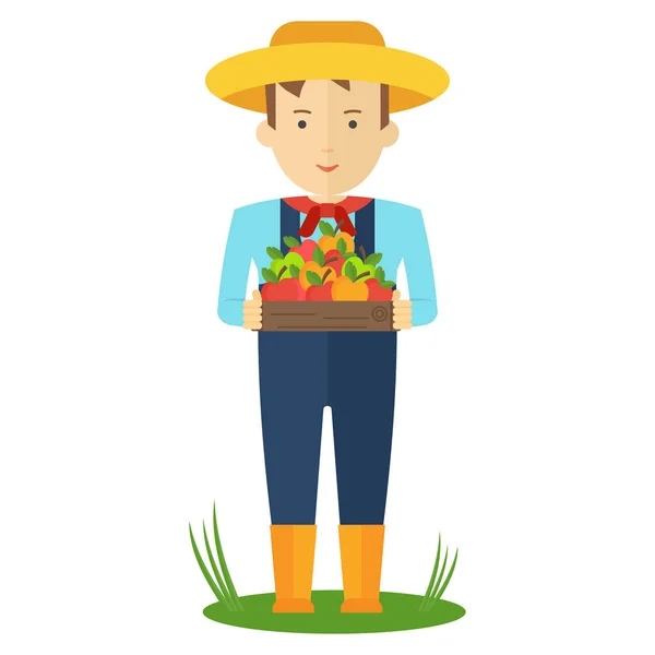 Alma szedés. Mezőgazdasági termelő ember a kertben-a doboz a kezében Alma. — Stock Vector