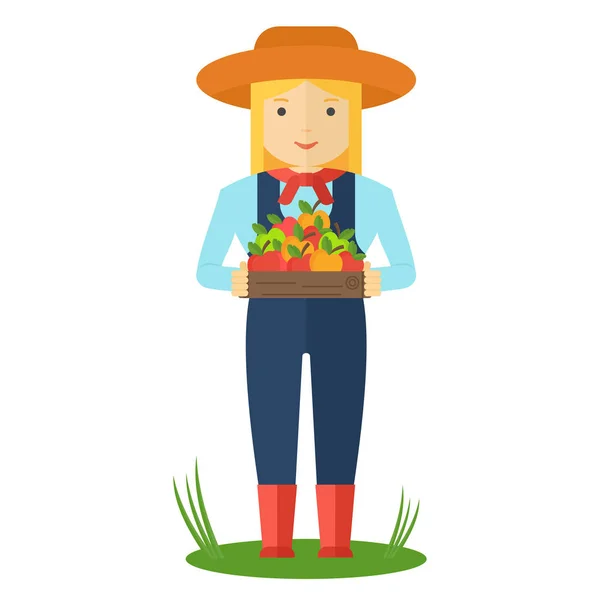 Çiftçi kadın renk Apple kutusuyla — Stok Vektör