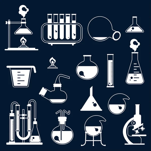 Conjunto de equipos de laboratorio iconos blancos. Ciencias químicas y físicas — Vector de stock