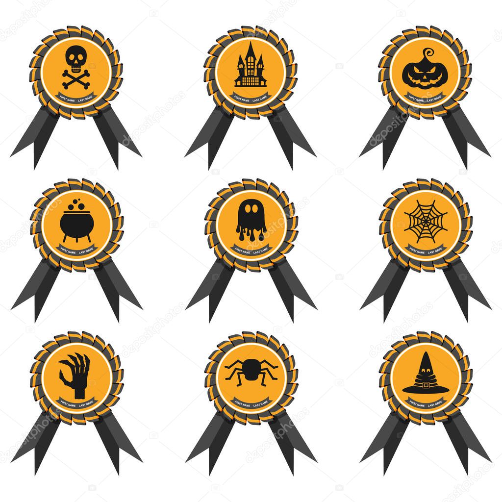 Badge with Halloween characters icon. Playful reward for Halloween party. Flat vector cartoon illustration. Objects isolated on white background.