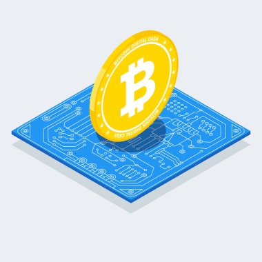 İzometrik Bitcoin işaretiyle bilgisayar çipi. Renk simgesi.