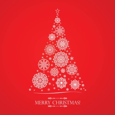 Kırmızı bir arka plan üzerinde bir Noel ağacı şeklinde beyaz kar taneleri
