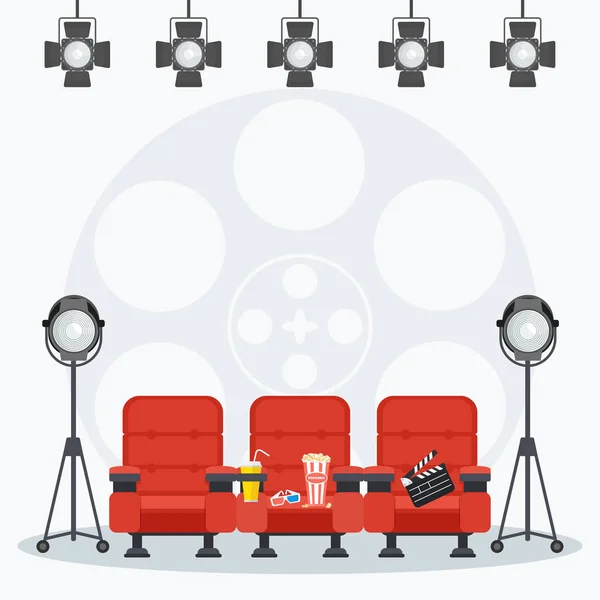 Αμφιθέατρο και κόκκινο άνετες πολυθρόνες στο σινεμά κάτω από φώτα της δημοσιότητας — Διανυσματικό Αρχείο