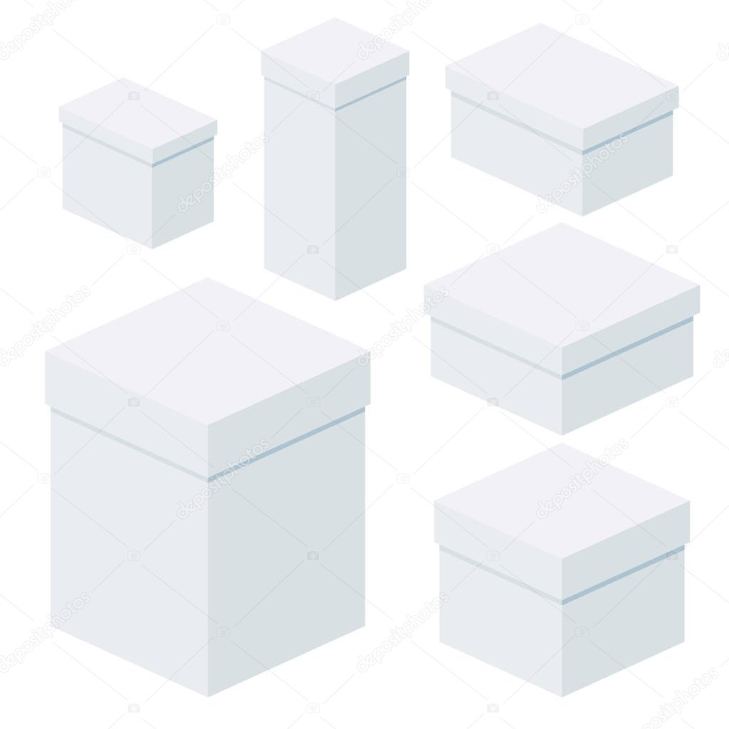 Isometric white boxes of different sizes for packaging, gifts, transportation