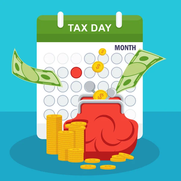 Concept de jour fiscal. Empilement d'argent, sac à main et calendrier — Image vectorielle