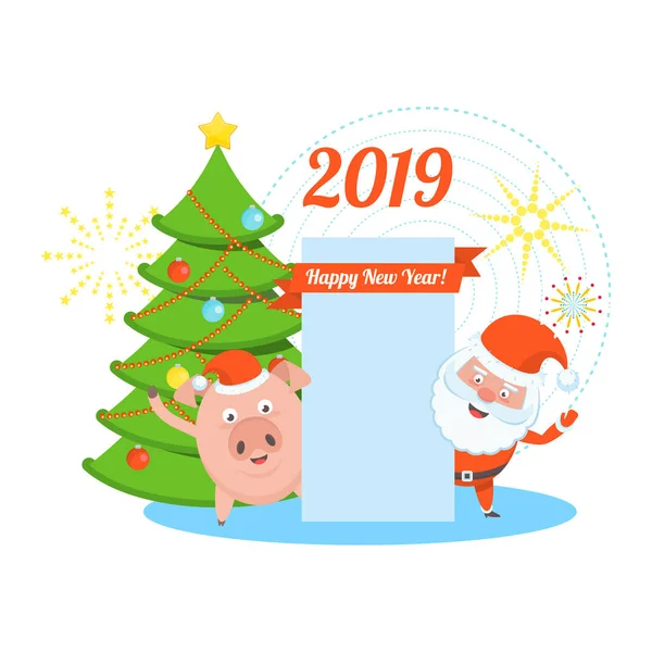 Funny happy Santa Claus and pig character — Stock Vector