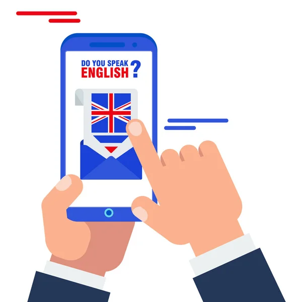 English lesson on the screen of a mobile phone. Individual study of a foreign language