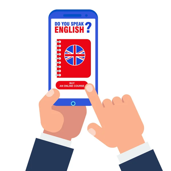 Bir cep telefonunun ekranında İngilizce dersi. Yabancı dil bireysel çalışma — Stok Vektör