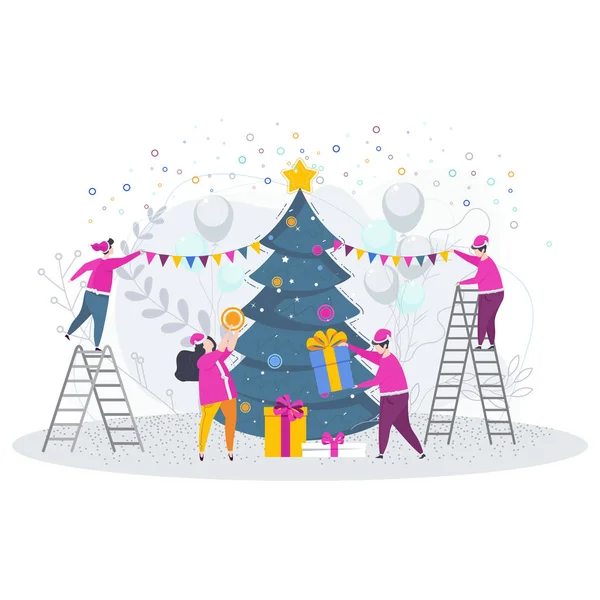 Grupo de pessoas Árvore de Natal. Cartão de saudação —  Vetores de Stock