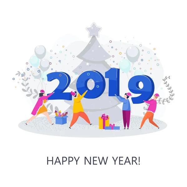 Group of people decorate the figures of 2019 — Stock Vector