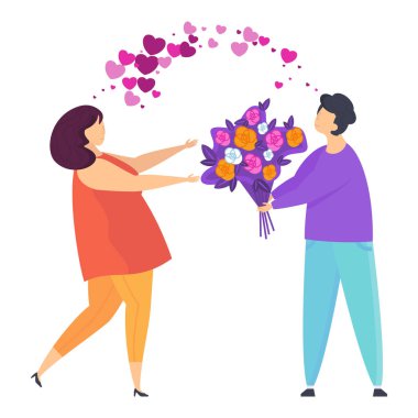 Adam kız çiçek verir. Sevgililer günü için karakter.