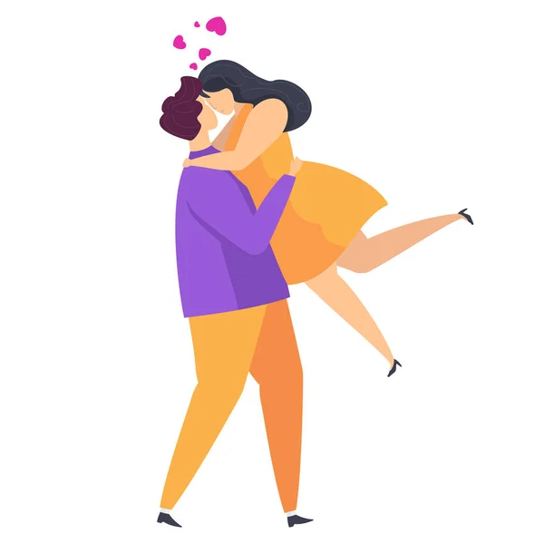 Guy voert meisje in zijn armen. Tekens voor Valentijn. — Stockvector