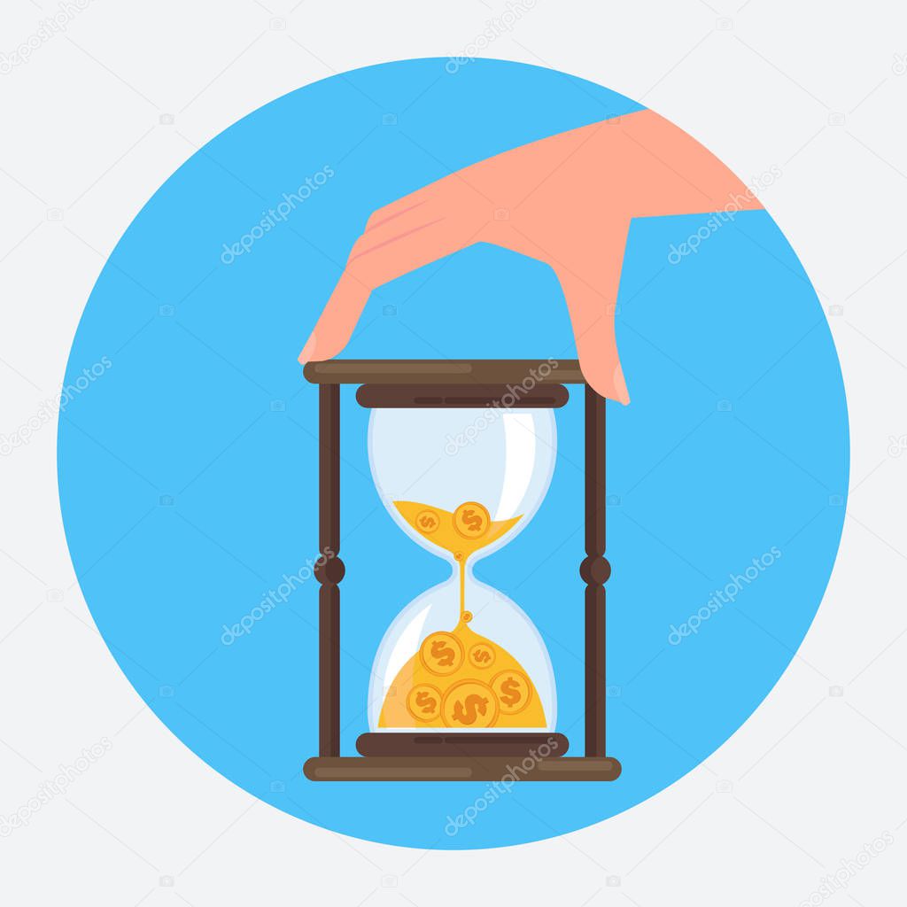 Hand with hourglass. Time management. Time is money. Managing time resources