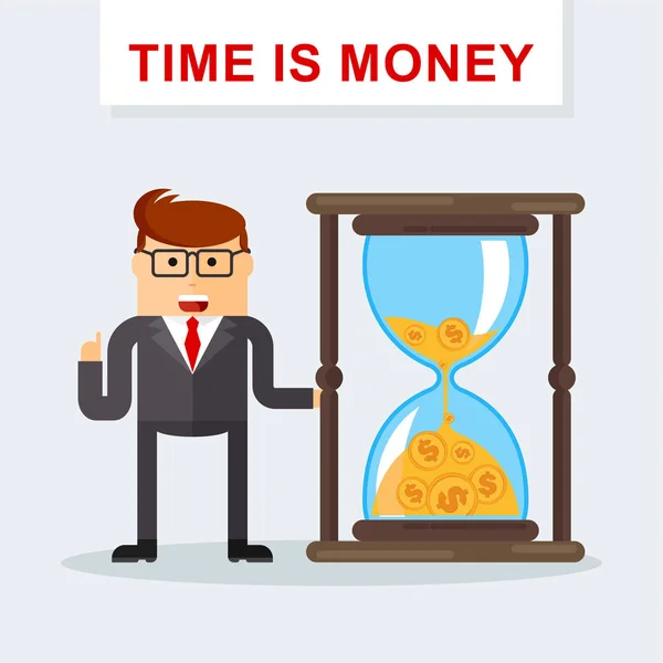 商人与沙漏。时间管理。时间就是金钱。管理时间资源 — 图库矢量图片