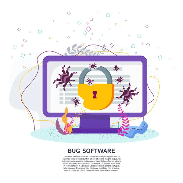 Bug concept de vecteur logiciel. Bugs rampant sur un moniteur d'ordinateur . — Image vectorielle