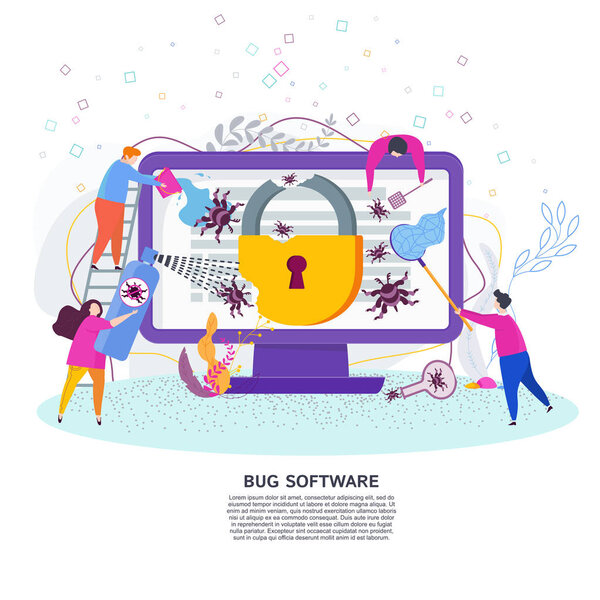 Bug software vector concept. Tiny people catch bugs.