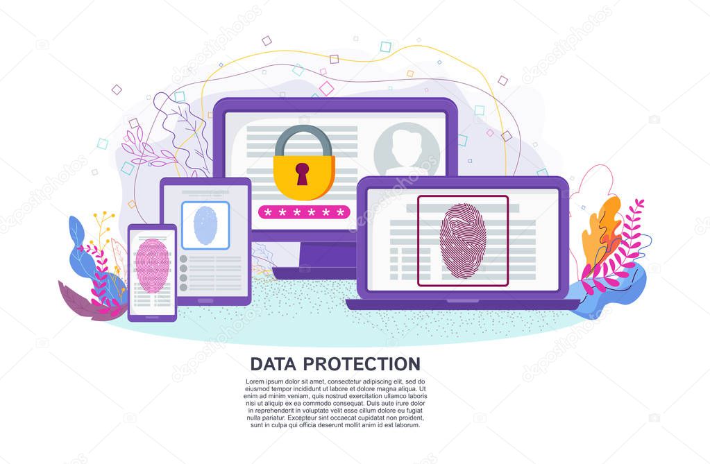 Data protection on devices. Flat vector concept.