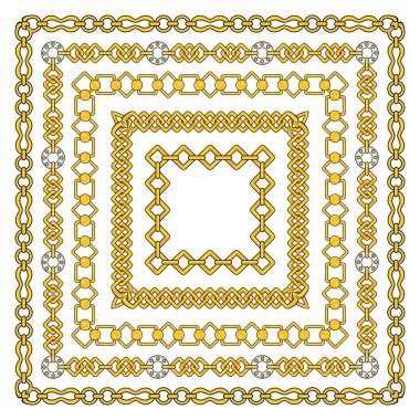 Figürlü altın zincirleri kare çerçeve üzerinde izole beyaz arka plan belirleme.