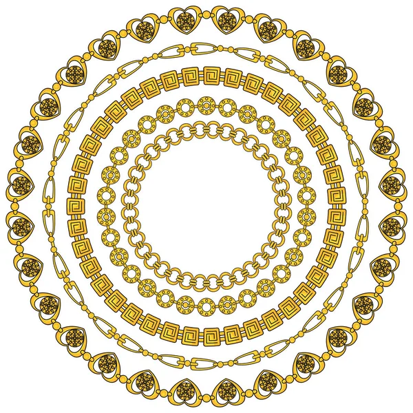 Round frame of figured gold chains set isolated on white background — Stock Vector