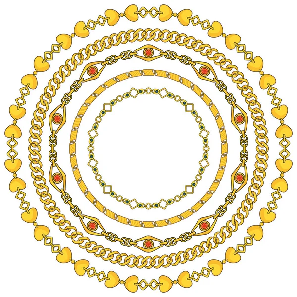 Kulatý rám figuroval zlaté řetězy sady izolovaných na bílém pozadí — Stockový vektor