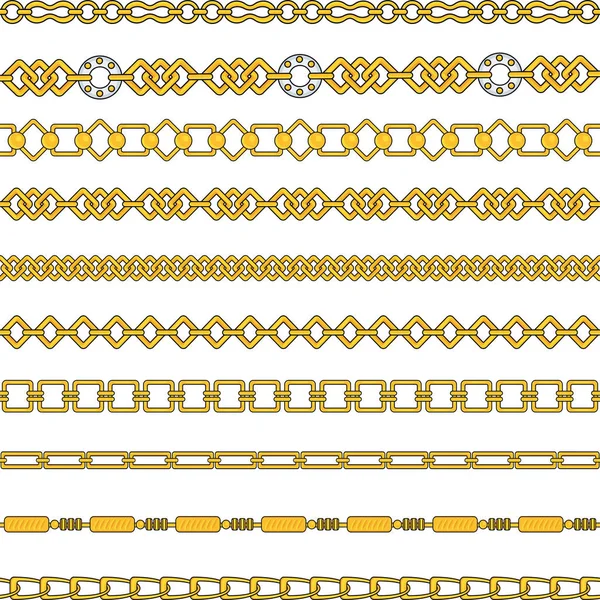 Flache Vektor-Reihe von figurierten Goldketten isoliert auf weißem Hintergrund. — Stockvektor