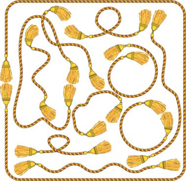 bükülmüş renkli halatlar üzerinde altın bağlantı parçaları ile ağır ipek püsküller