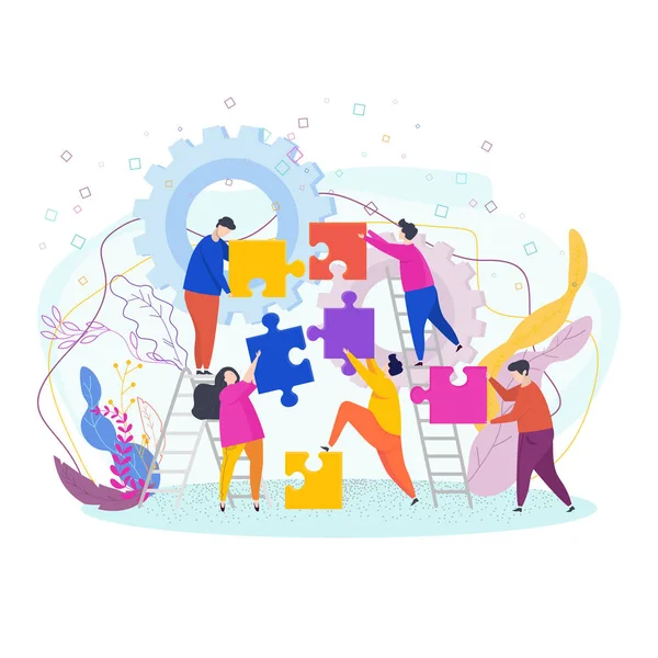 Teamwork concept with tiny people characters flat vector. — Stock Vector