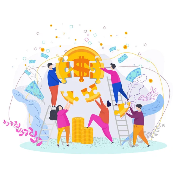 Team of tiny people puts a gold coin. Symbol of success. — Stock Vector