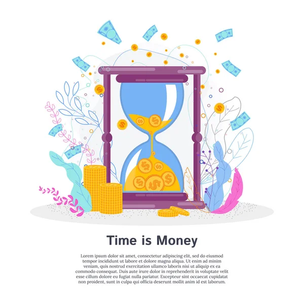 El tiempo es dinero vector concepto plano con reloj de arena . — Archivo Imágenes Vectoriales