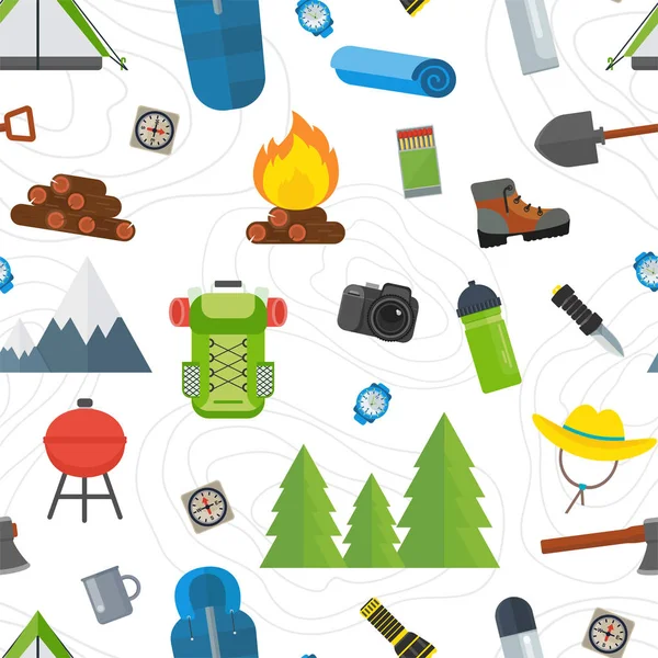 Tourist equipment Seamless pattern. Mountain hike camp tools.