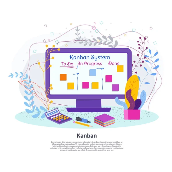 Sistema de gerenciamento de projetos Kanban na tela do computador . — Vetor de Stock