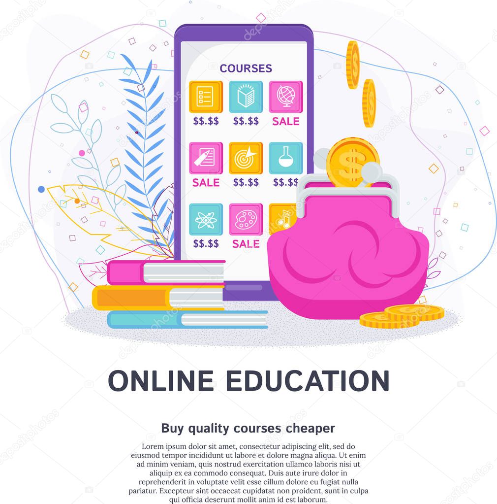 Online education is economical. Flat vector cartoon concept.