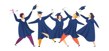 Mezun öğrencilerin. Grup eğlenceli insanlar. Erkek ve kız mutlu.