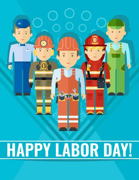 Happy labor day poster with group of people of different professions. — Stock Vector