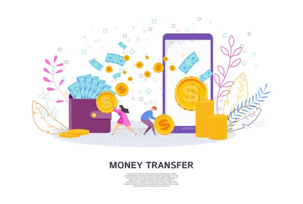 Kontant överföring via online-terminaler. verföring från plånbok till kort. — Stock vektor