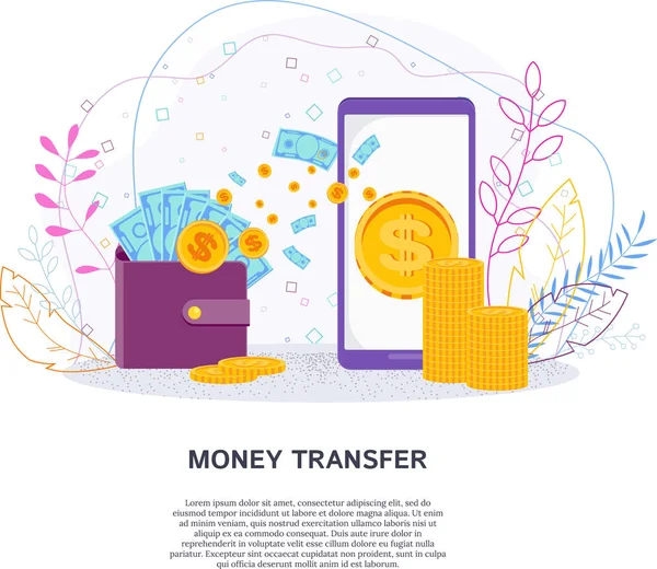 Överför pengar från plånbok till mobiltelefon — Stock vektor