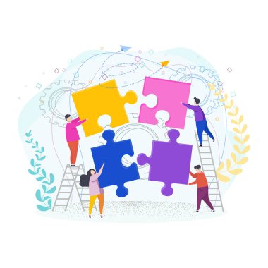 Minik insanlar bir bulmaca toplarlar. Takım çalışması metaforu.