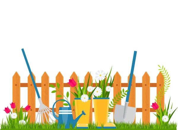 Garden cart with flower pots near the fence. — Stock Vector